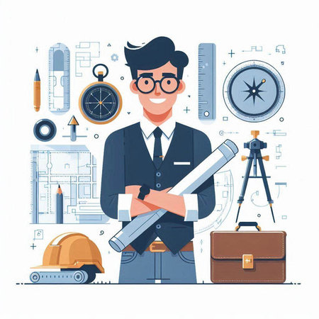 Engineer with blueprints and construction tools. Vector illustration in flat styleのイラスト素材