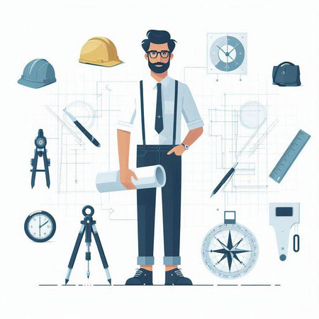 Engineer or architect working at construction site. Vector illustration in flat styleのイラスト素材