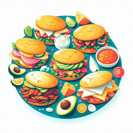 Illustration of a round plate with a set of fast food.のイラスト素材