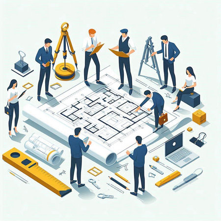 Architects, engineers and architects working on architectural project. Vector illustrationのイラスト素材