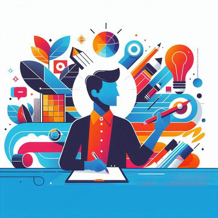 Vector illustration of a man working at the office. Flat style.のイラスト素材