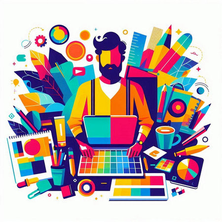 Vector illustration of a man with a beard working on a laptop.のイラスト素材