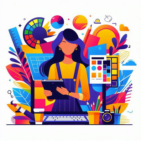 Vector illustration of a young woman working on a laptop. Flat style.のイラスト素材