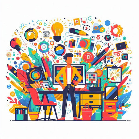 Vector colorful illustration of a businessman working at the office. Business concept.のイラスト素材
