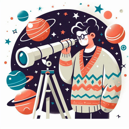 Vector illustration of a man looks through a telescope in outer space.のイラスト素材