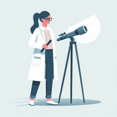 Scientist looking through a telescope. Vector illustration in cartoon style.のイラスト素材