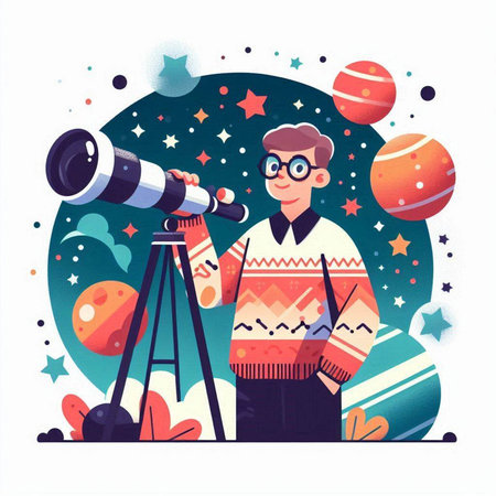 Cute boy looking through telescope. Vector illustration in flat cartoon styleのイラスト素材