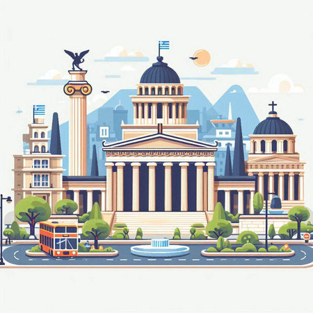 City landscape with famous buildings and landmarks. Vector illustration in flat styleのイラスト素材