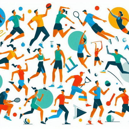 Sport seamless pattern with people playing tennis, badminton and tennis. Vector illustration.のイラスト素材