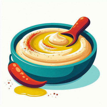 Bowl of hummus with mustard and chili pepper. Vector illustration.のイラスト素材
