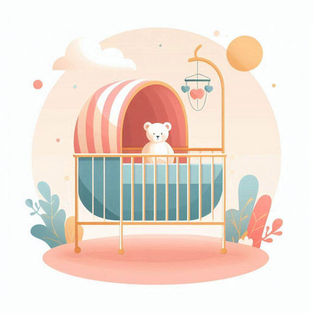 Cute vector illustration of a baby crib with a teddy bearのイラスト素材