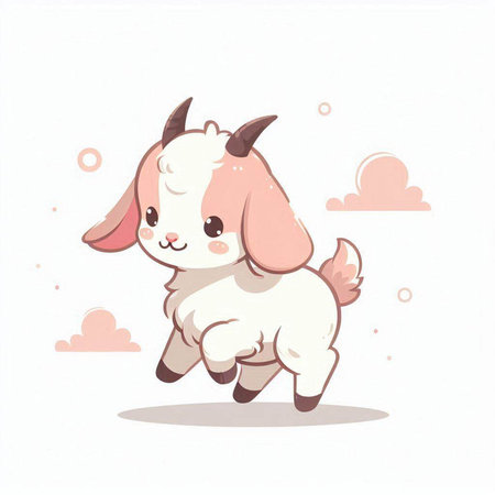 Cute cartoon goat on a white background with clouds. Vector illustration.のイラスト素材