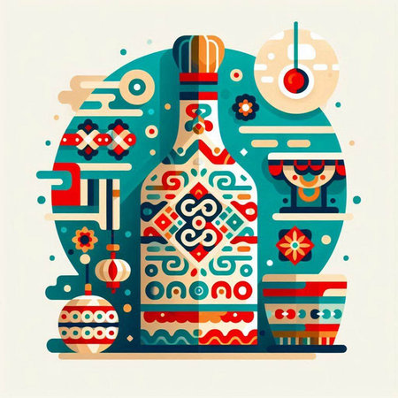 Colorful vector illustration of a bottle of wine in retro style.のイラスト素材