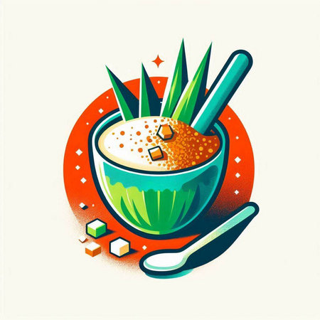Illustration of a bowl of rice with sugar cubes and a spoonのイラスト素材