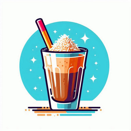 Coffee cocktail with whipped cream and straw in glass. Vector illustration.のイラスト素材