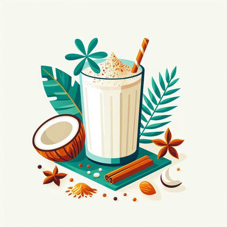 Coconut milk cocktail in glass with cinnamon, star anise and coconut. Vector illustrationのイラスト素材