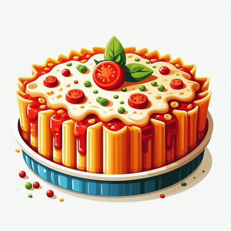 Illustration of a cake with tomato sauce and basil on a white backgroundのイラスト素材