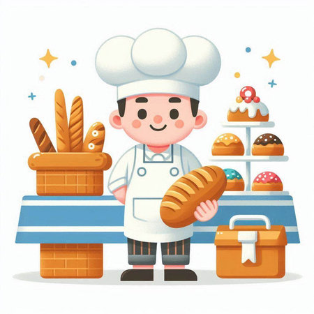 Cute cartoon chef with bread in the bakery. Vector illustration.のイラスト素材