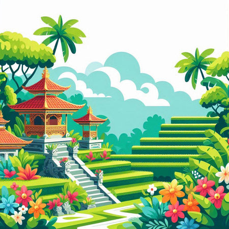 Fairy-tale landscape with Chinese temple and flowers. Vector illustration.のイラスト素材