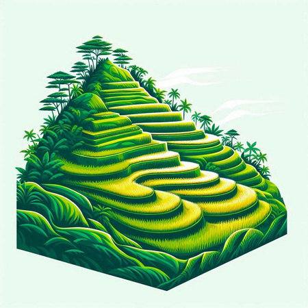 Illustration of a green rice terraces with trees and bushes.のイラスト素材