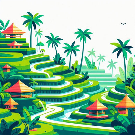 Tropical landscape with rice terraces and palm trees. Vector illustrationのイラスト素材