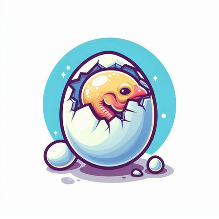 Illustration of a chicken inside an egg on a white background.のイラスト素材
