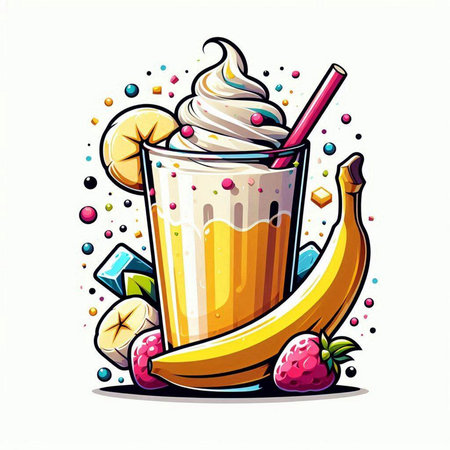 Banana milkshake with whipped cream and fruits. Vector illustration.のイラスト素材