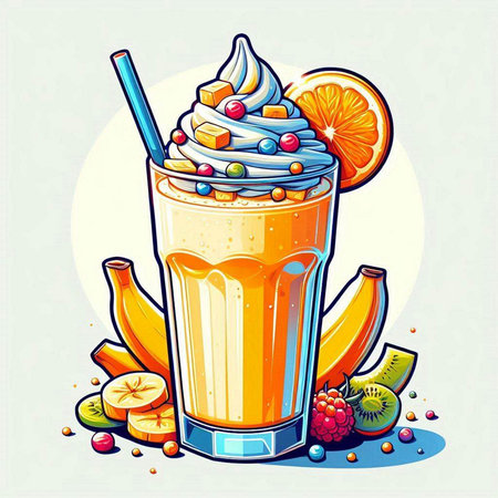 Fruit smoothie with whipped cream and fruit. Vector illustration.のイラスト素材