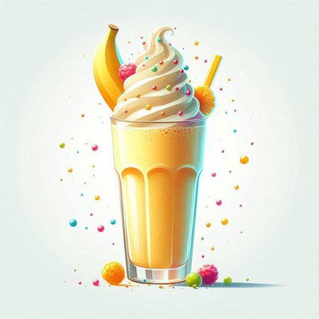 Vector illustration of milkshake with whipped cream, banana and candiesのイラスト素材