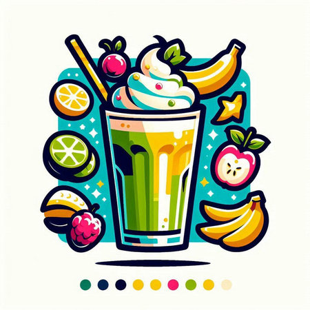 Banana smoothie with whipped cream and fresh fruits. Vector illustration.のイラスト素材