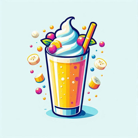 Fruit smoothie with whipped cream, cherry, apple, cherry, cranberry, ice cream. Vector illustration.のイラスト素材