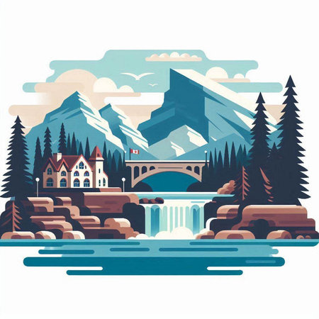 Mountains, river and houses in the forest. Vector illustration.のイラスト素材