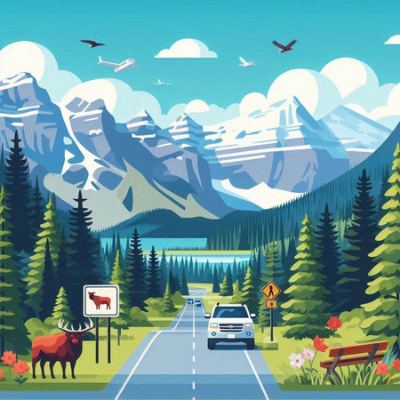 Mountains and forest landscape with road and trees vector illustration. Mountain landscape with road, mountains, trees, lake, forest and birds in flat styleのイラスト素材
