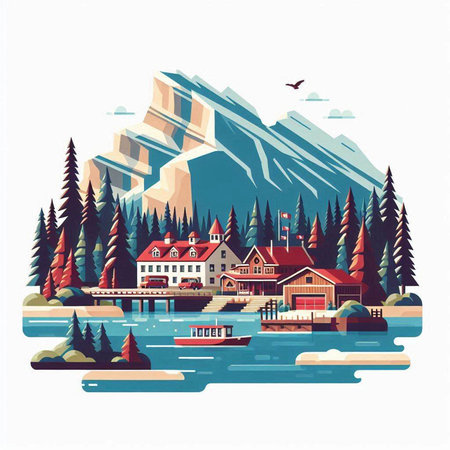 Mountain landscape with wooden houses, pine trees and lake. Vector illustration.のイラスト素材