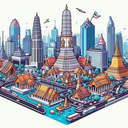 Bangkok cityscape with famous landmarks. Vector illustration in retro styleのイラスト素材