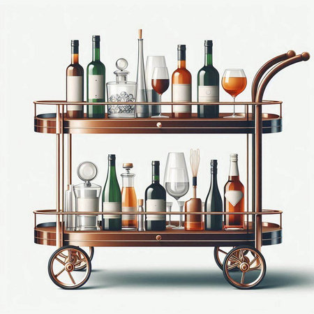 Vector illustration of a wooden trolley with bottles of wine on a white backgroundのイラスト素材