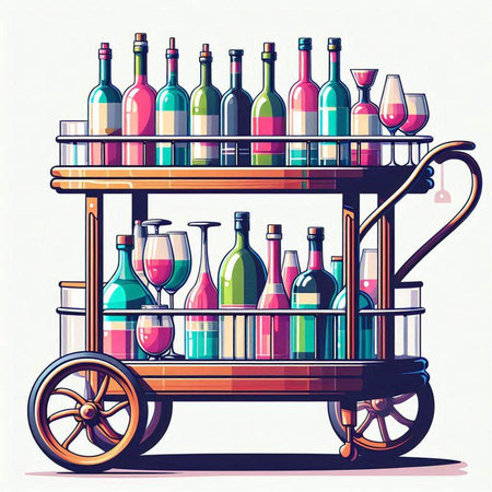 Illustration of a wine cart with bottles of wine, vector illustrationのイラスト素材