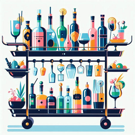 Cocktail bar counter with bottles and glasses. Vector illustration.のイラスト素材