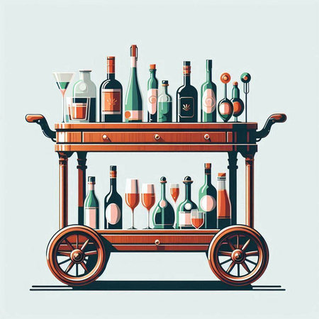 Illustration of a wine cart with bottles and glasses in vintage styleのイラスト素材