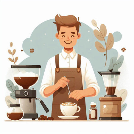 Coffee shop barista making cappuccino vector illustrationのイラスト素材
