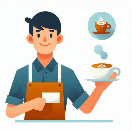 Coffee shop concept. Man with cup of coffee. Vector illustrationのイラスト素材