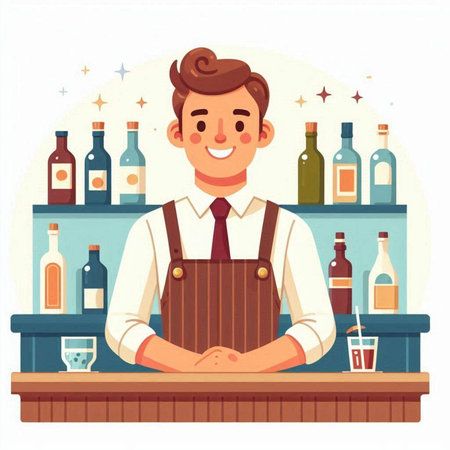Bartender at the bar counter. Vector illustration in flat styleのイラスト素材