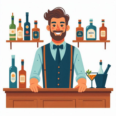 Bartender at bar counter with bottles of alcohol. Vector illustration in cartoon styleのイラスト素材