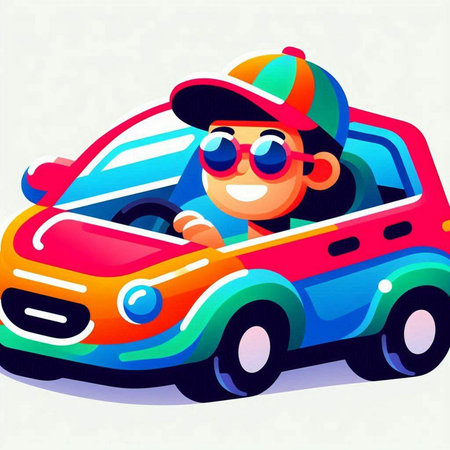 Illustration of a boy driving a car with a hat and sunglassesのイラスト素材