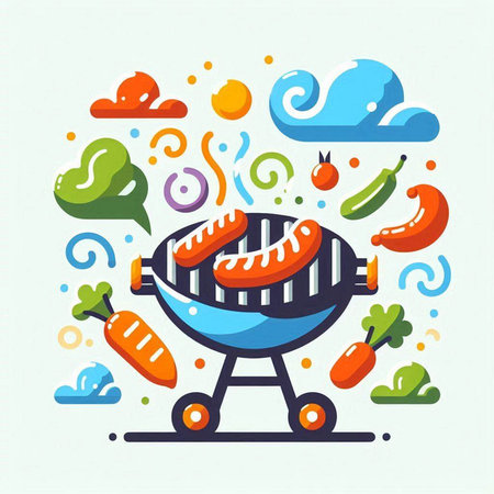 Barbecue grill with sausages and vegetables. Vector illustration.のイラスト素材