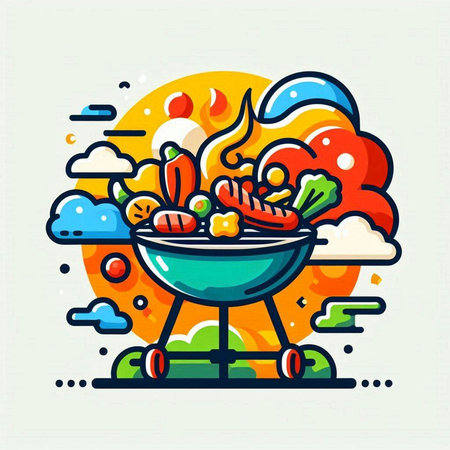 Barbecue grill with vegetables. Colorful vector illustration in flat style.のイラスト素材