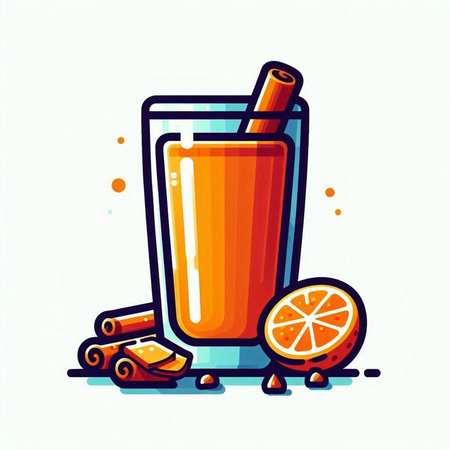 Orange juice with cinnamon stick and orange slices. Vector illustration in cartoon style.のイラスト素材