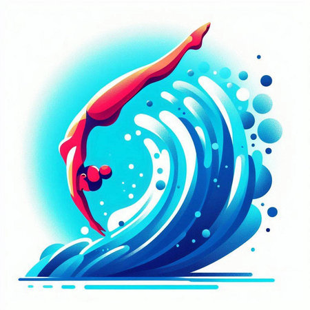 swimmer in the water on a background of blue waves, vector illustrationのイラスト素材