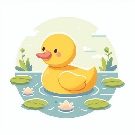 Cute yellow rubber duck swimming in the lake. Vector illustration.のイラスト素材