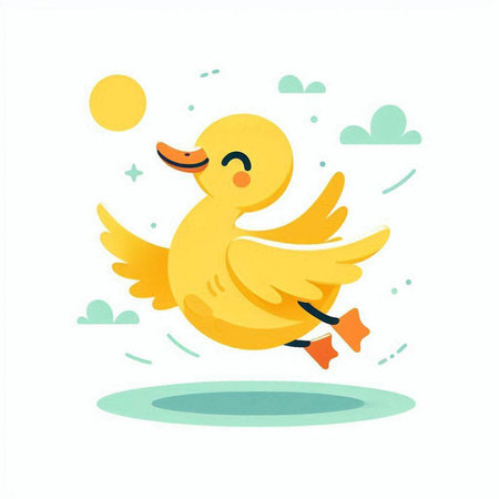 Cute yellow rubber duck jumping in the sky. Vector illustration.のイラスト素材